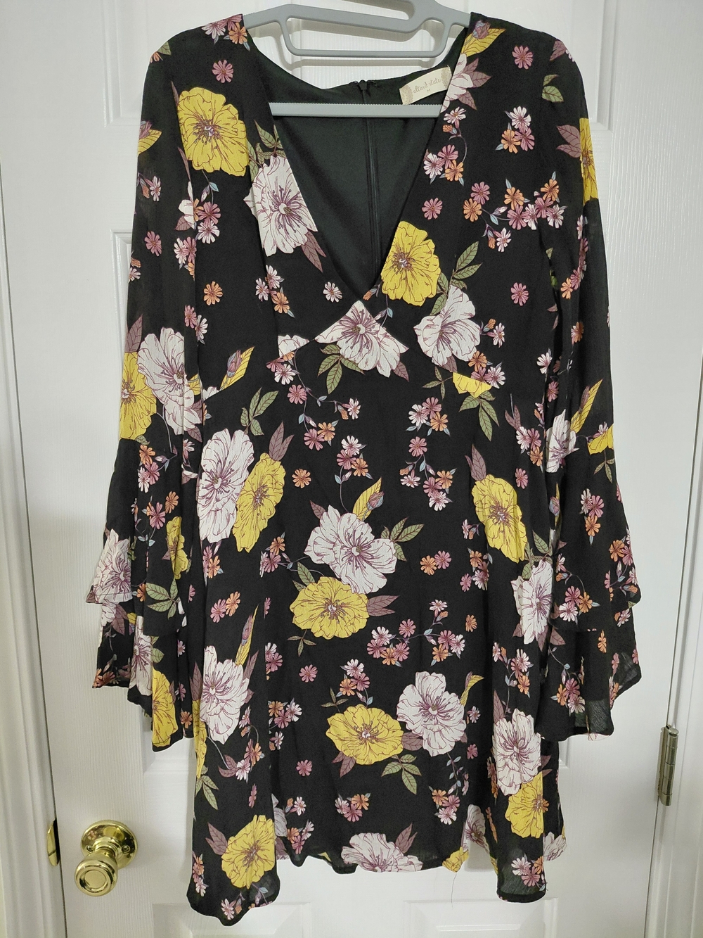 Altar'd State Black Floral V-Neck Tunic with Yellow & Pink Blooms